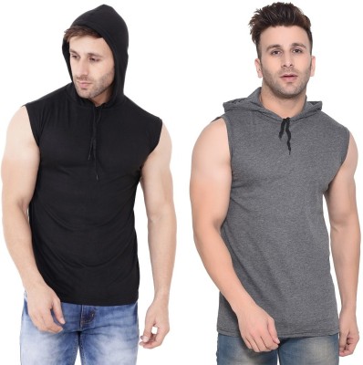 Lawful Casual Solid Men Hooded Neck Black, Grey T-Shirt