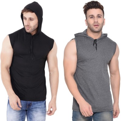 GEUM Solid Men Hooded Neck Black, Grey T-Shirt