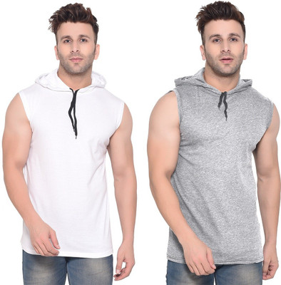 BEYOU FASHION Solid Men Hooded Neck Silver, White T-Shirt