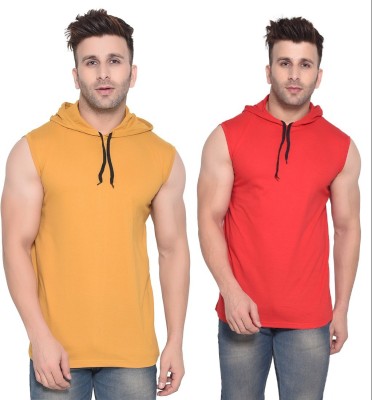 BEYOU FASHION Solid Men Hooded Neck Red, Gold T-Shirt