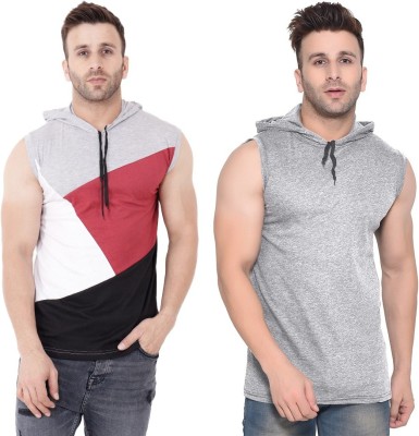 BEYOU FASHION Solid Men Hooded Neck Multicolor, Silver T-Shirt