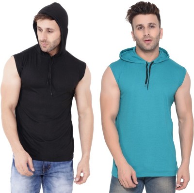 Lawful Casual Solid Men Hooded Neck Black, Light Green T-Shirt
