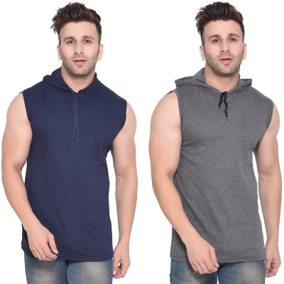 Lawful Casual Solid Men Hooded Neck Dark Blue, Grey T-Shirt