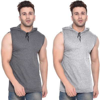 Trendfull Solid Men Hooded Neck Silver, Grey T-Shirt