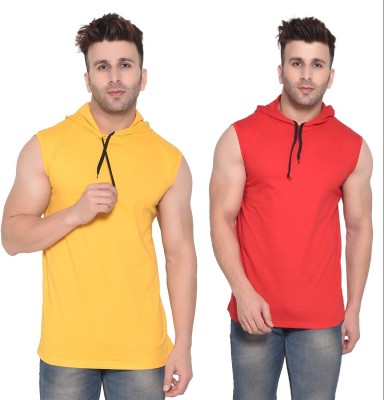 Trendfull Solid Men Hooded Neck Red, Yellow T-Shirt
