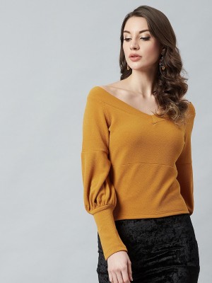 ATHENA Casual Puff Sleeve Solid Women Yellow Top