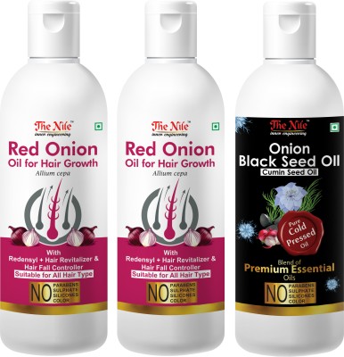 The Nile Red Onion Oil with Redensyl + Hair Revitalizer, Hair Regrowth & Hair Fall Control Hair Oil 100 ML + Red Onion Oil with Redensyl + Hair Revitalizer, Hair Regrowth & Hair Fall Control Hair Oil 100 ML + Onion Black Seed Hair Oil Preventing Hair Loss & Promoting Hair Growth Oil 100 ML (Set of 3