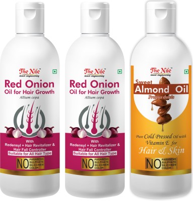 The Nile Red Onion Oil with Redensyl + Hair Revitalizer, Hair Regrowth & Hair Fall Control Hair Oil 100 ML + Red Onion Oil with Redensyl + Hair Revitalizer, Hair Regrowth & Hair Fall Control Hair Oil 100 ML + Pure Cold Pressed SWEET ALMOND OIL with Vitamin E for Hair Regrowth & Body Oil 100 ML (Set 