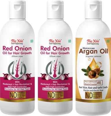 The Nile Red Onion Oil with Redensyl + Hair Revitalizer, Hair Regrowth & Hair Fall Control Hair Oil 100 ML + Red Onion Oil with Redensyl + Hair Revitalizer, Hair Regrowth & Hair Fall Control Hair Oil 100 ML + Moroccan Argan Hair Oil Pure Cold Pressed Blend of Essential Oil for Skin, Hair and Split E