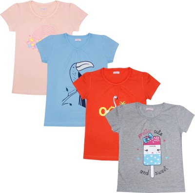 Luke and Lilly Girls Graphic Print Pure Cotton T Shirt(Multicolor, Pack of 4)