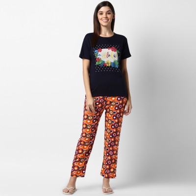 STYLESTONE Women Graphic Print Black, Multicolor Top & Pyjama Set