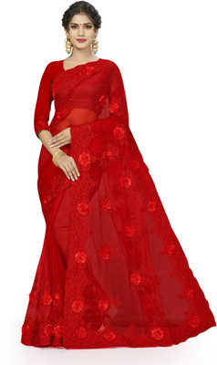 manvaa Embroidered Bollywood Net Saree(Red)