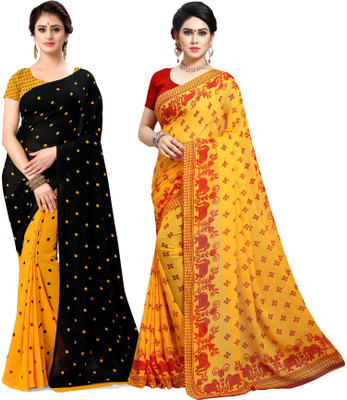 ANAND Polka Print Bollywood Georgette Saree(Pack of 2, Black, Yellow)