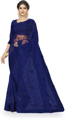 Shadow & Saining Embroidered Bollywood Net Saree(Blue)