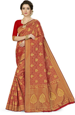 manvaa Embroidered Banarasi Cotton Silk Saree(Red)