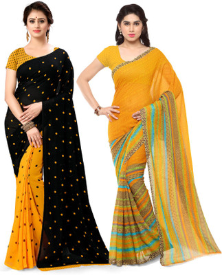 ANAND Polka Print Daily Wear Georgette Saree(Pack of 2, Black, Yellow)