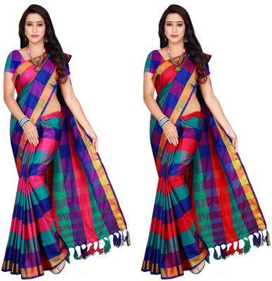 PRIYANSH CREATION Checkered Bollywood Cotton Silk Saree(Pack of 2, Multicolor)
