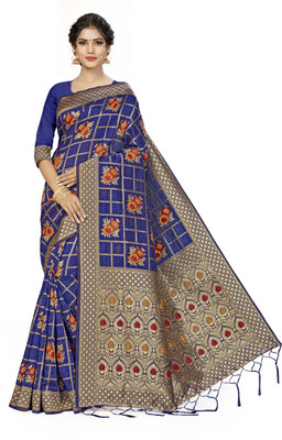 manvaa Woven Banarasi Silk Blend Saree(Dark Blue)