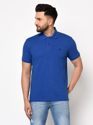 98 Degree North Solid Men Polo Neck Blue T-Shirt