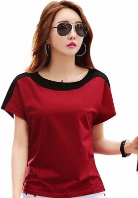 GIRLS SHOPPIE Casual Short Sleeve Solid Women Red Top