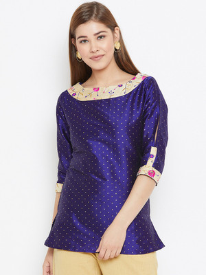 Avyanna Casual 3/4 Sleeve Printed, Embroidered Women Blue Top