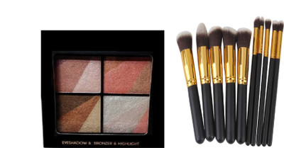 angelie Eyeshaow & Bronzer & Highlighter-04 12 g (Multicolor), Makeup Brushes Set Tool Pro Foundation Eyeliner Eyeshadow (Black)(11 Items in the set)