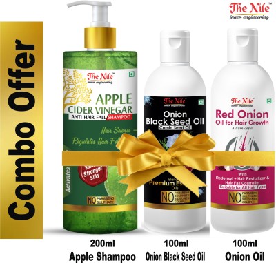 The Nile Apple Cider Vinegar Shampoo No Sulfate, Paraben or Silicon - Transforms Dull, Tired & Dry Hair into Soft, Smooth & Silky Men & Women 200 ML + Onion Black Seed Hair Oil Preventing Hair Loss & Promoting Hair Growth 100 ML + Red Onion Oil with Redensyl + Hair Revitalizer, Hair Regrowth & Hair 