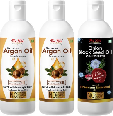The Nile Moroccan Argan Hair Oil Pure Cold Pressed Blend of Essential Oil for Skin, Hair and Split Ends Thicker and Glossier Hair 100 ML + Moroccan Argan Hair Oil Pure Cold Pressed Blend of Essential Oil for Skin, Hair and Split Ends Thicker and Glossier Hair 100 ML + Onion Black Seed Hair Oil Preve