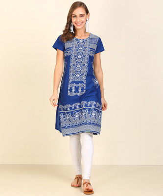 Biba Women Floral Print Straight KurtaBlue White