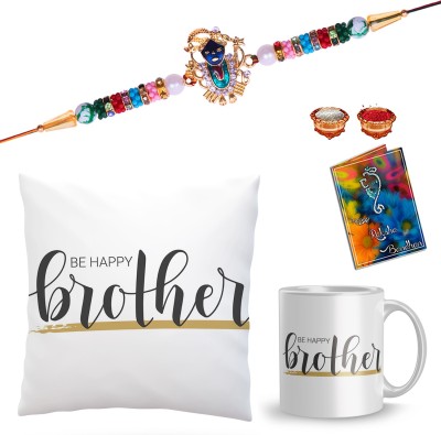 Leodigital Religious l-C13-FM92-MB Mauli Thread Cushion, Chawal Roli Pack, Rakhi, Greeting Card, Mug  Set(1 Rakhi, 1 Cushion , 1 Coffee Mug, 1 Roli Chawal Packet, 1 Greeting Card)