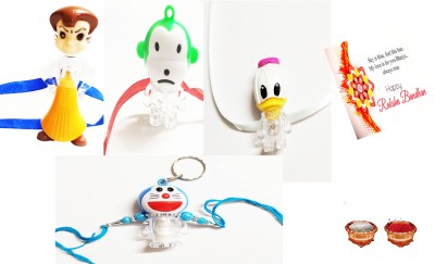 Vrinde Kids RAKHI2020103 Mauli Thread Rakhi  Set(Four Cartoon character Rakhi With Greeting card & Roli)