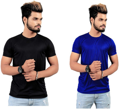 Sai Creation Solid Couple Round Neck Light Blue, Black T-Shirt