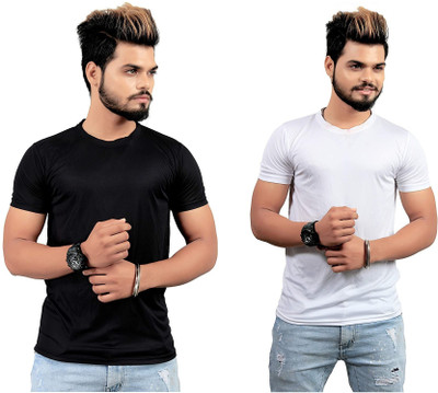 Sai Creation Solid Men Round Neck White, Black T-Shirt