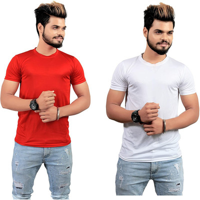 Sai Creation Solid Couple Round Neck Red, White T-Shirt