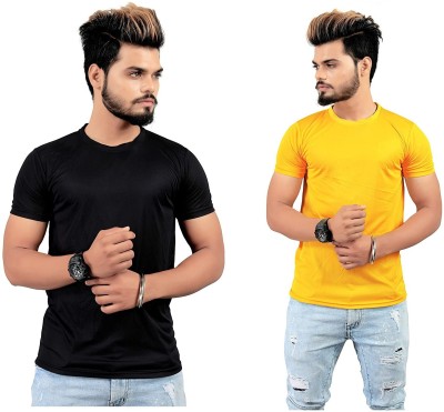 JP VENTURE Solid Men Round Neck Black, Yellow T-Shirt