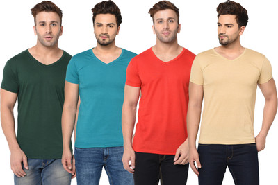 Jangoboy Solid Men V Neck Light Blue, Green, Orange T-Shirt