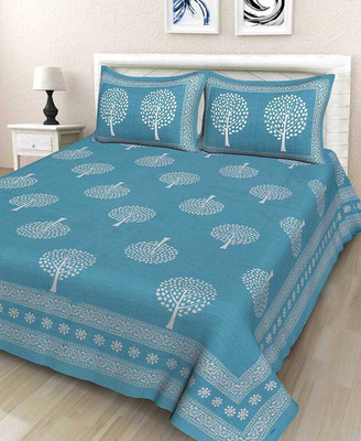 KRISHANATEXTILE 210 TC Cotton King Jaipuri Prints Flat Bedsheet(Pack of 1, Blue)