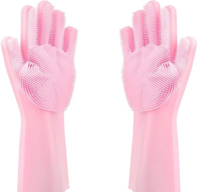 HUKBO Reusable Rubber Silicon Household Safety Wash Scrubber Heat Resistant Kitchen Gloves for Dish washing, Cleaning, Gardening Wet and Dry Glove hand gloves for kitchen Wet and Dry Glove  (Free Size) Wet and Dry Glove Set(Free Size Pack of 2)