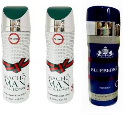 St. Louis 2 Macho Man and 1 Bluberry Deodorant Body Spray, 200 ml each (Pack of 3) Deodorant Spray  -  For Men & Women(600 ml, Pack of 3)