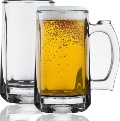 Crystalarc (Pack of 2) Set of 2 Stylish Classic Pub Tempo Transparent Beer Drinking Glass Mug 390ml With Handle Glass Set Beer Mug(390 ml, Glass, Clear)