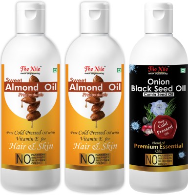 The Nile Pure Cold Pressed SWEET ALMOND OIL with Vitamin E for Hair Regrowth & Body Oil 100 ML +Pure Cold Pressed SWEET ALMOND OIL with Vitamin E for Hair Regrowth & Body Oil 100 ML + Onion Black Seed Hair Oil Preventing Hair Loss & Promoting Hair Growth Oil 100 ML (Combo Offer of 3 Bottle) (300 ML)