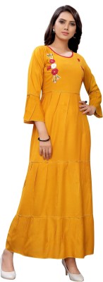 Apnisha Women Embroidered Flared Kurta(Yellow)