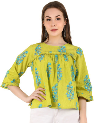 UNFAKENOW Casual Floral Print Women Green Top
