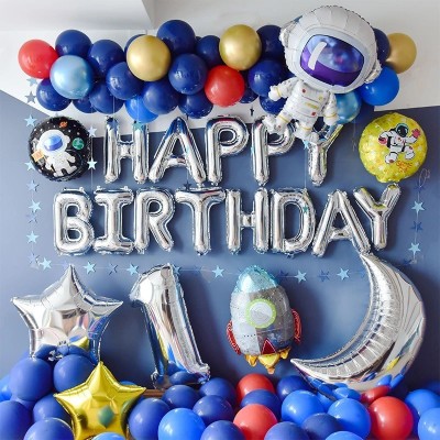 Bash N Splash Printed Space Theme Silver & Blue Happy Birthday Party Decoration Pack with Star, Moon & Space Balloon (Pack of 114) Letter Balloon(Blue, Silver, Gold, Pack of 114)