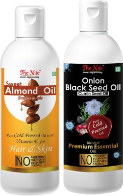 The Nile Pure Cold Pressed SWEET ALMOND OIL with Vitamin E for Hair Regrowth & Body Oil 100 ML + Onion Black Seed Hair Oil Preventing Hair Loss & Promoting Hair Growth Oil 150 ML (Combo Offer of 2 Bottle) (250 ML) Hair Oil(250 ml)