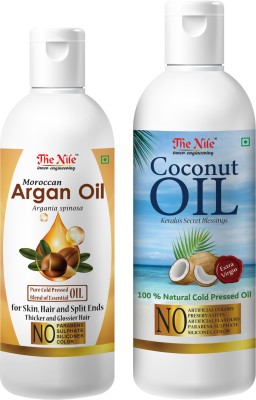 The Nile Moroccan Argan Hair Oil Pure Cold Pressed Blend of Essential Oil for Skin, Hair and Split Ends Thicker and Glossier Hair 100 ML + Coconut 200 ML (Combo Offer of 2 Bottle) (300 ML) Hair Oil(300 ml)
