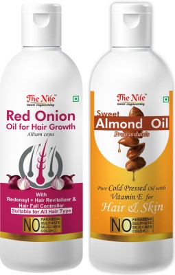 The Nile Red Onion Oil with Redensyl + Hair Revitalizer, Hair Regrowth & Hair Fall Control Hair Oil 150 ML + Pure Cold Pressed SWEET ALMOND OIL with Vitamin E for Hair Regrowth & Body Oil 200 ML (Combo Offer of 2 Bottle) (300 ML) Hair Oil(300 ml)