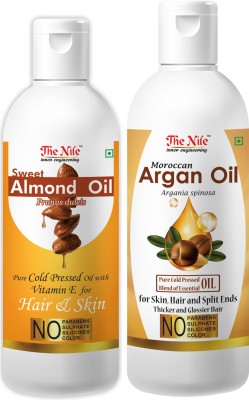 The Nile Pure Cold Pressed SWEET ALMOND OIL with Vitamin E for Hair Regrowth & Body Oil 100 ML + Moroccan Argan Hair Oil Pure Cold Pressed Blend of Essential Oil for Skin, Hair and Split Ends Thicker and Glossier Hair 150 ML (Combo Offer of 2 Bottle) (250 ML) Hair Oil(250 ml)