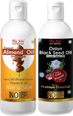 The Nile Pure Cold Pressed SWEET ALMOND OIL with Vitamin E for Hair Regrowth & Body Oil 150 ML + Onion Black Seed Hair Oil Preventing Hair Loss & Promoting Hair Growth Oil 200 ML (Combo Offer of 2 Bottle) (350 ML) Hair Oil(350 ml)
