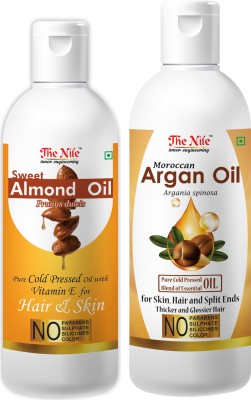 The Nile Pure Cold Pressed SWEET ALMOND OIL with Vitamin E for Hair Regrowth & Body Oil 100 ML + Moroccan Argan Hair Oil Pure Cold Pressed Blend of Essential Oil for Skin, Hair and Split Ends Thicker and Glossier Hair 200 ML (Combo Offer of 2 Bottle) (300 ML) Hair Oil(300 ml)